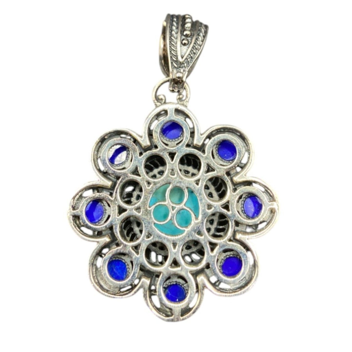 Turquoise Lapis Lazuli Pendant Crystal Stone Flower Silver Tone Metal Filigree