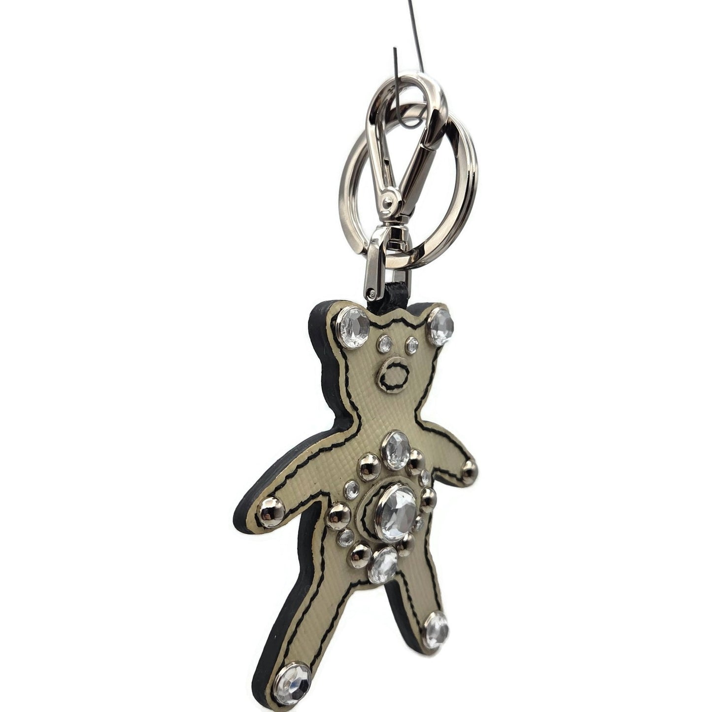 Prada Teddy Bear Keychain Purse Charm Beige Black Saffiano Leather with Crystals
