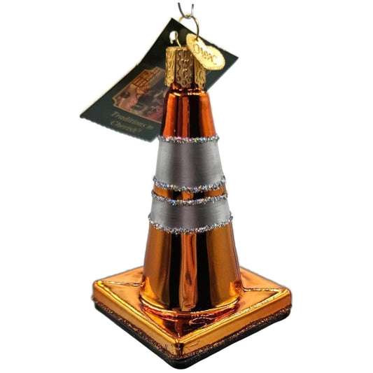 Construction Cone Orange Glass Ornament OWC Old World Christmas Holiday Tree