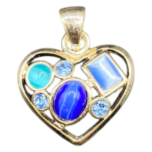 Heart Shaped Pendant Lapis Lazuli Blue Mixed Gemstones Silver Tone Metal