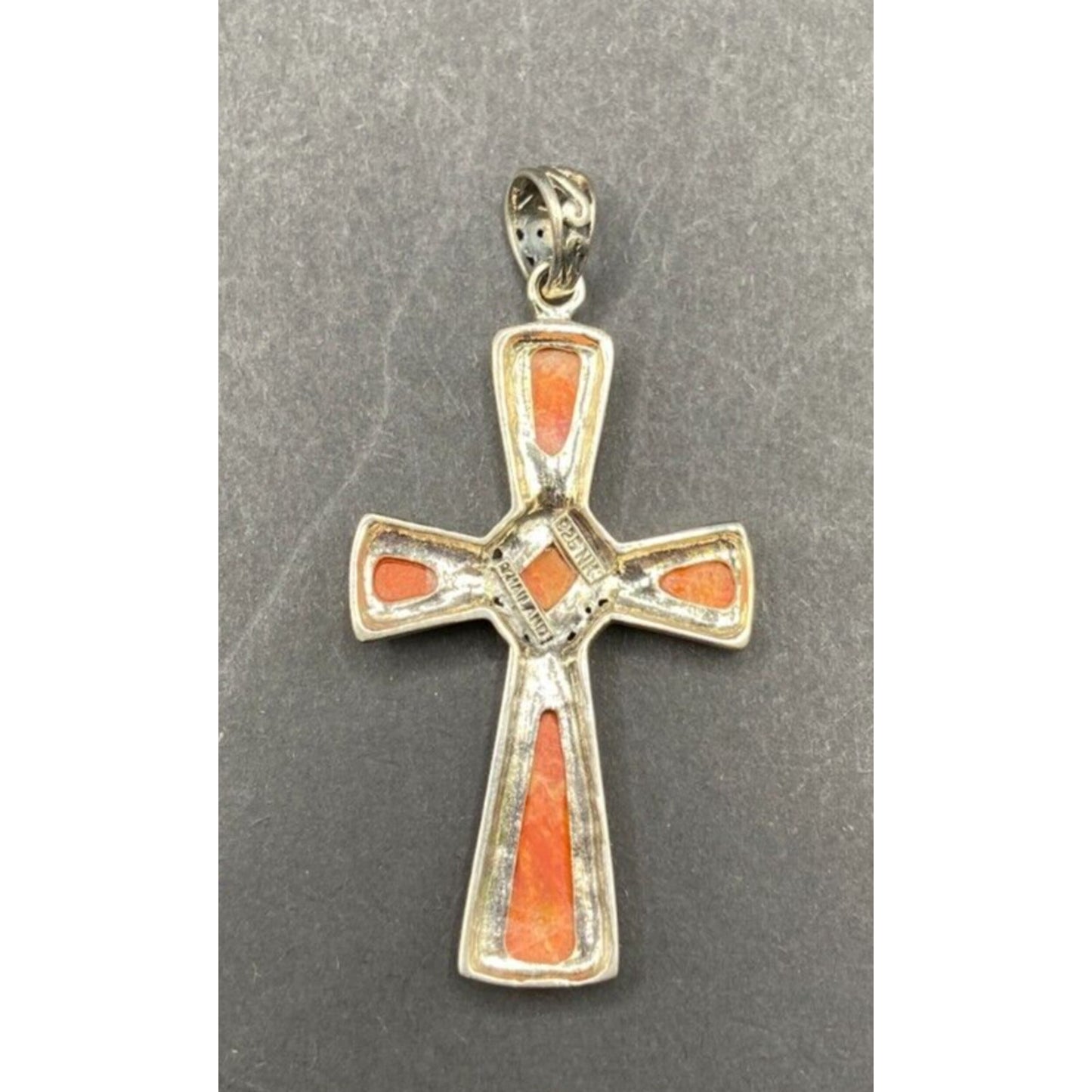 Sponge Coral Orange Stone Cross Pendant 925 Sterling Silver Crystal NK Thailand