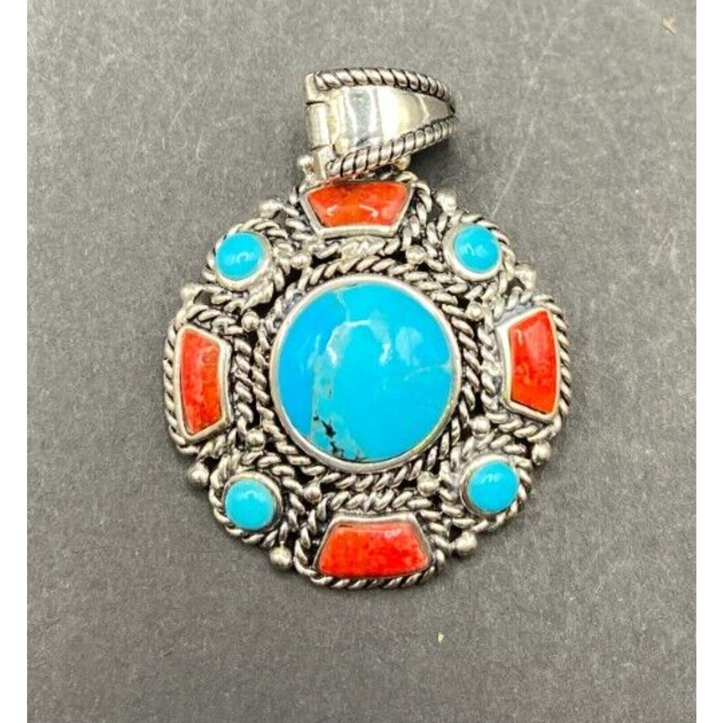 Turquoise Coral Round Charm Pendant Filigree Sterling Silver Crystal NK Thailand