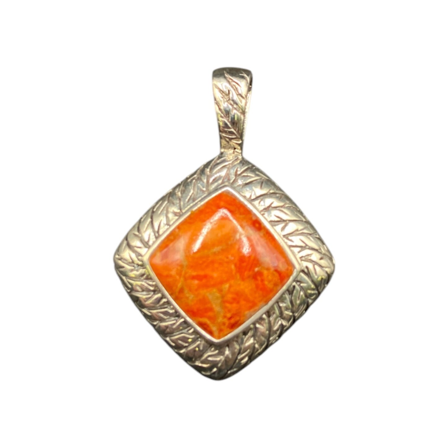 Natural Spiny Oyster Pendant Orange Polished Shell Sterling Silver Diamond Shape