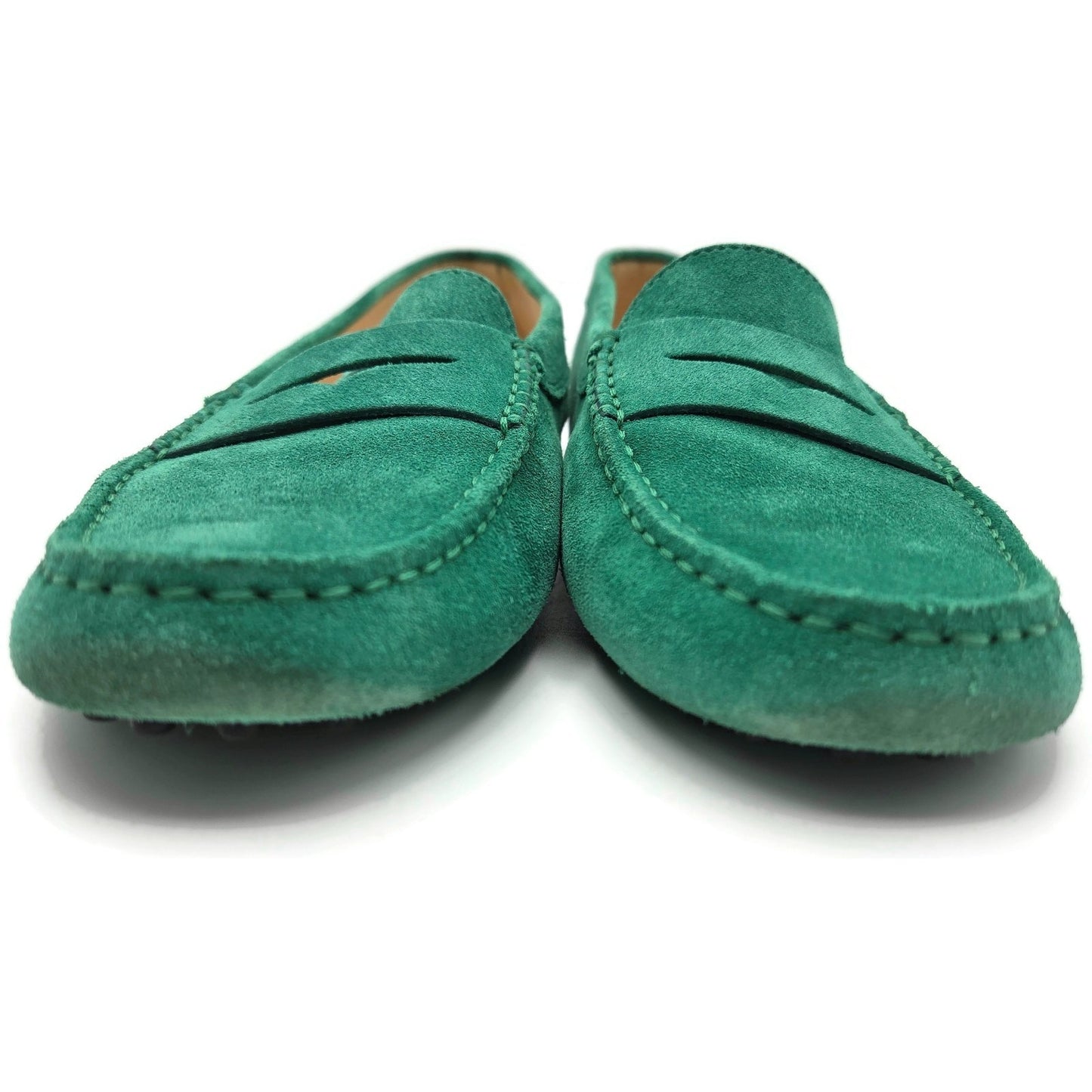 Tod’s Green Suede Leather Rubber Sole Moccasin Driving Loafers Womens 39.5 w Box