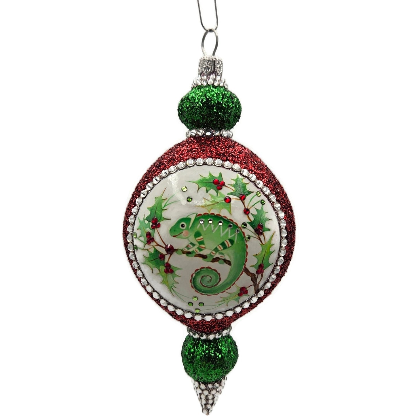 Patricia Breen Le Fleuron Holly Chameleon Red Glittered Christmas Tree Ornament
