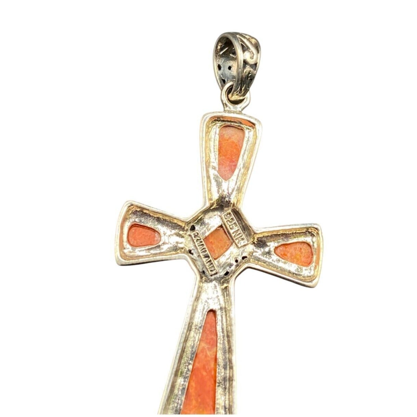 Sponge Coral Orange Stone Cross Pendant 925 Sterling Silver Crystal NK Thailand