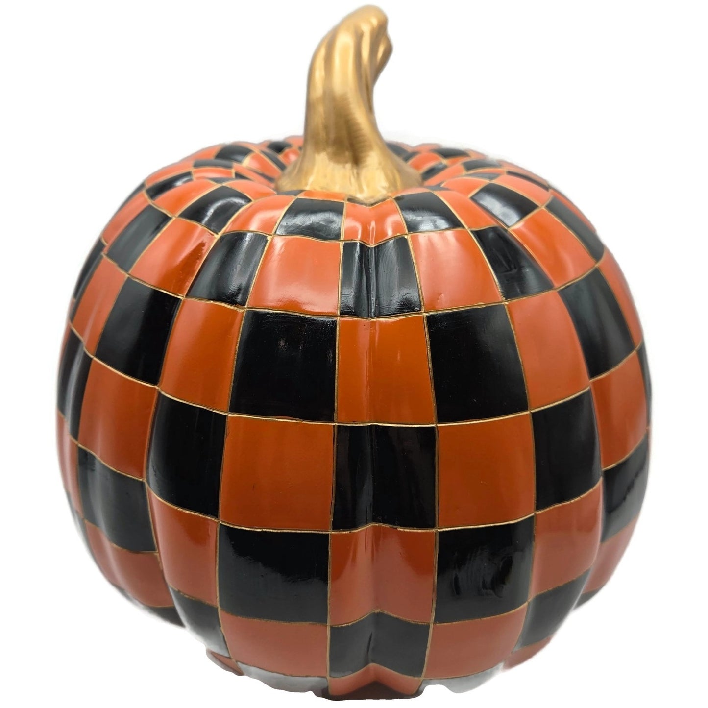 MacKenzie Childs Courtly Check Halloween Pumpkin Large Orange Black w/ Gold Stem