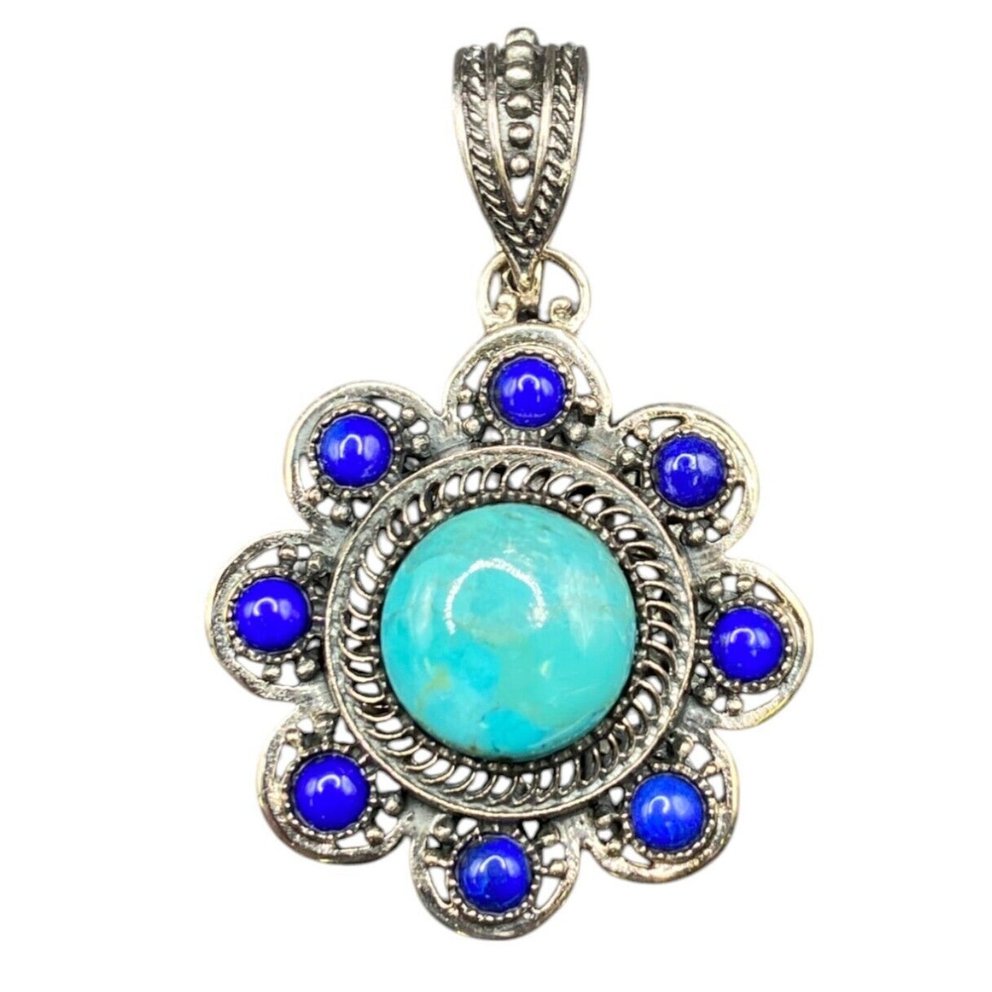 Turquoise Lapis Lazuli Pendant Crystal Stone Flower Silver Tone Metal Filigree