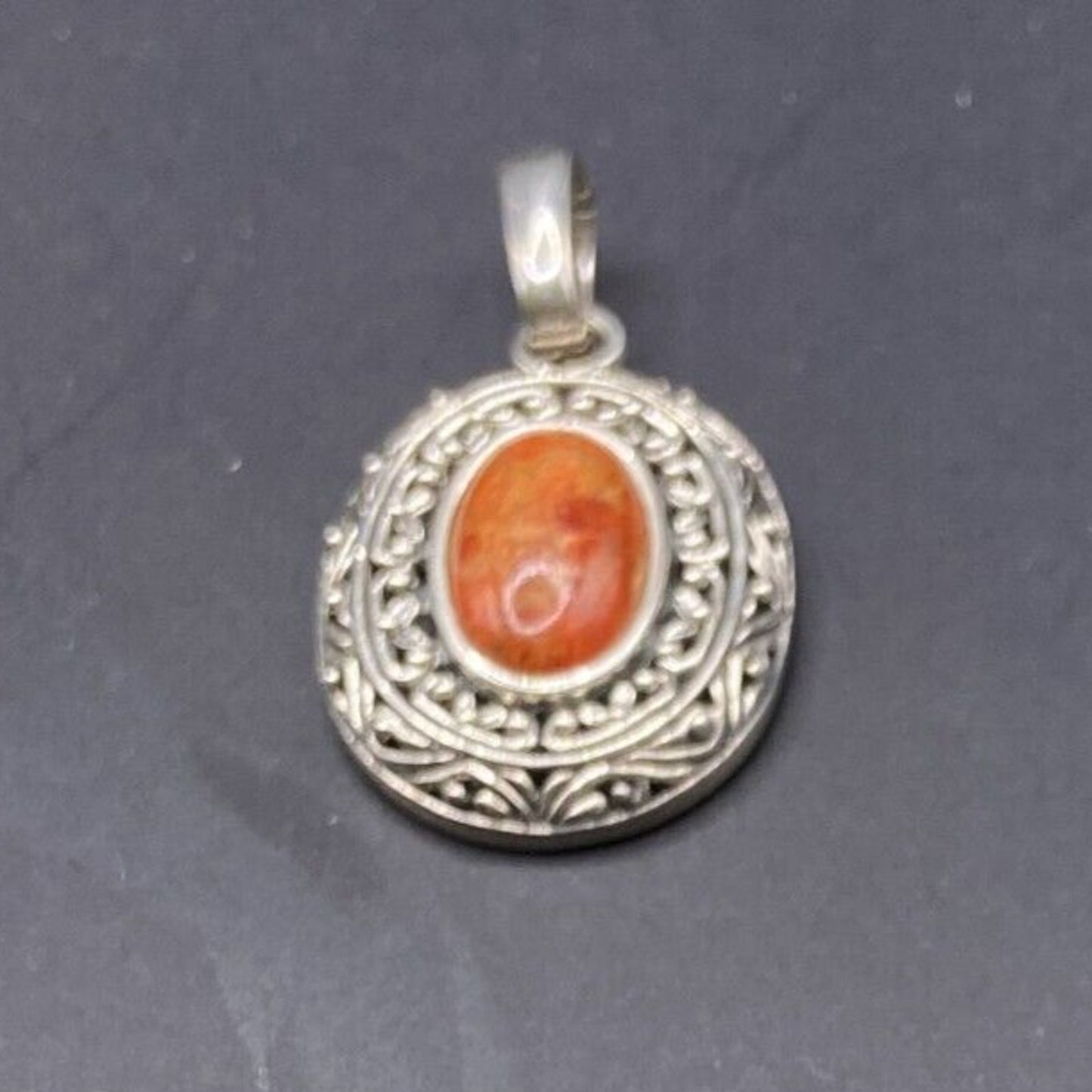 Spiny Oyster Oval Shaped Pendant Orange Gemstone 925 Sterling Silver Filigree