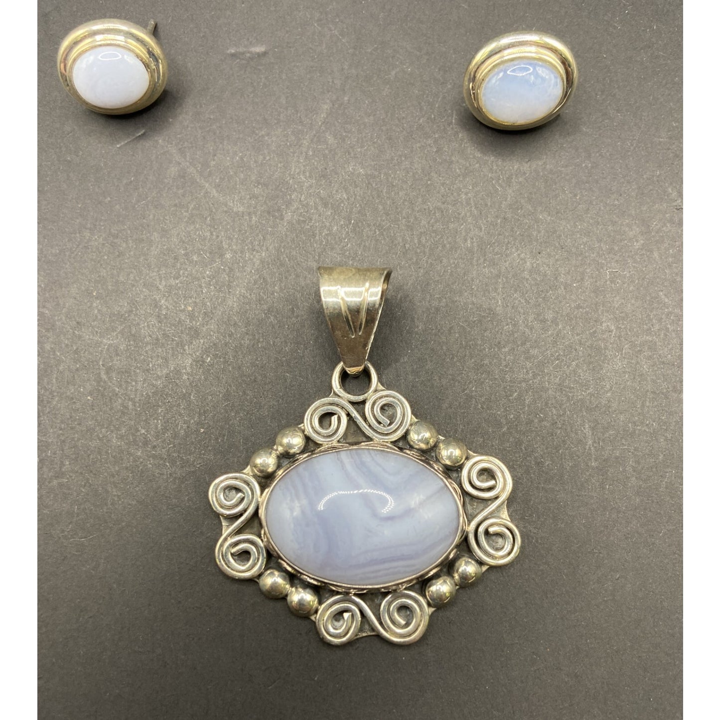 Blue Lace Agate Pendant Stud Earrings Set Marbled Stone 925 Sterling Silver CII
