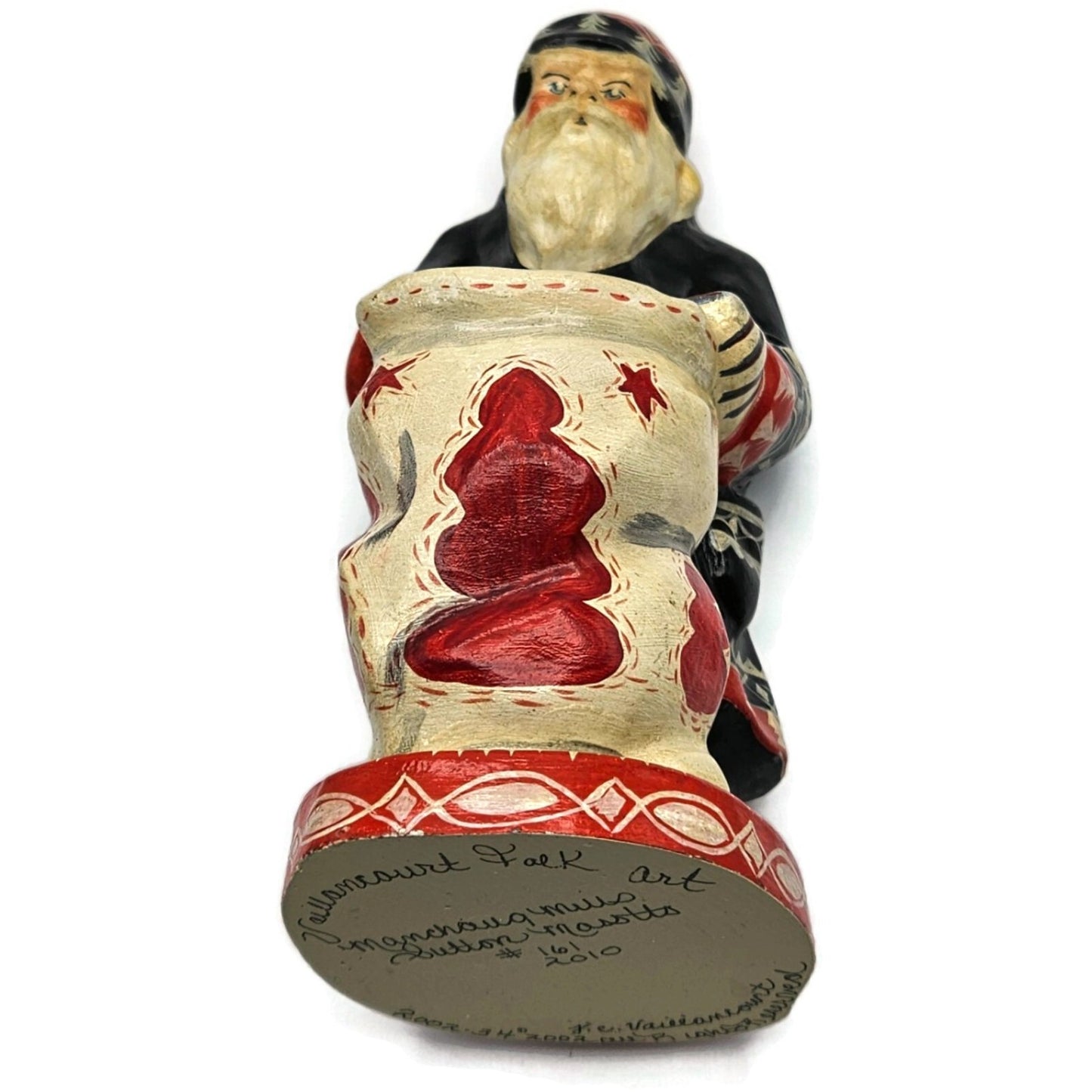 Vaillancourt Father Christmas Wearing Black Coat Red Work Sack Chalkware Folk