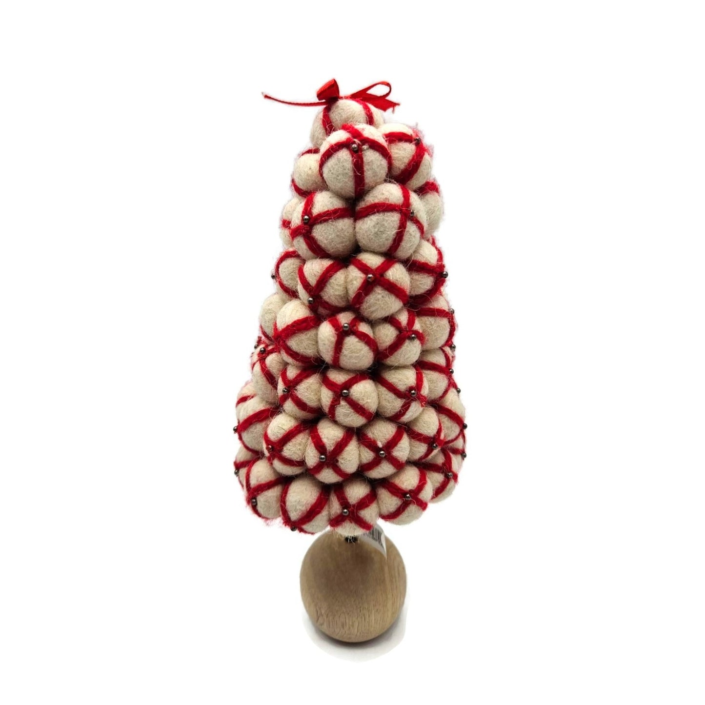 Christmas Tree Wool Peppermint Pom Pom Whimsical Red Cream Wood Felt Rustic