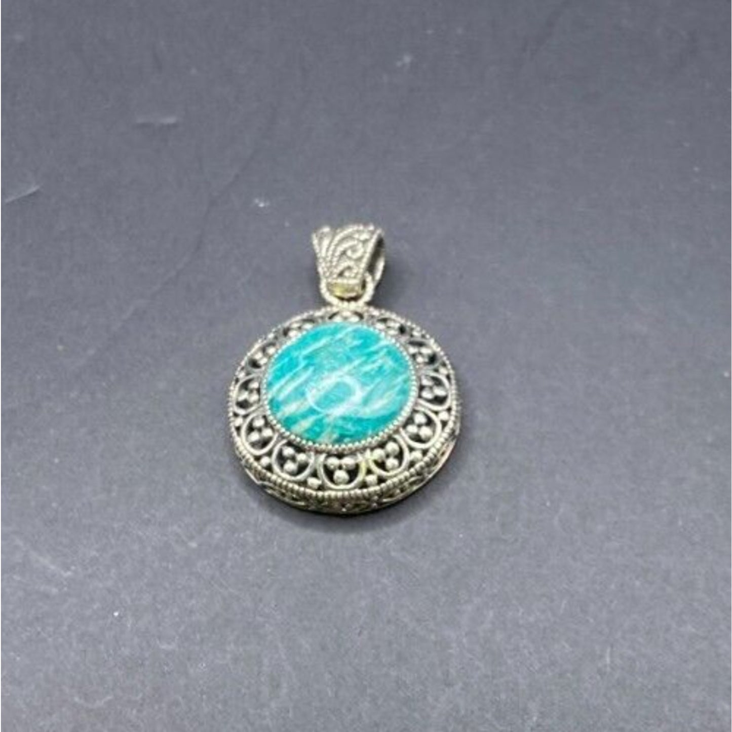 Amazonite Crystal Stone Pendant Round Cabochon Shaped Silver Tone Metal Filigree