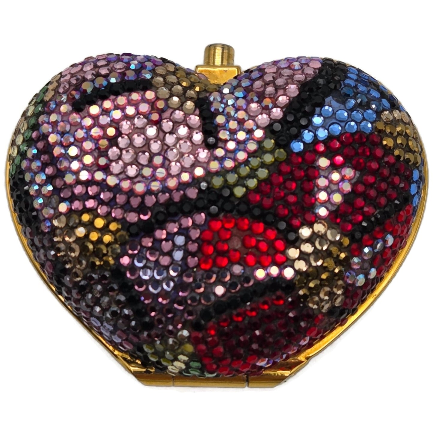 Judith Leiber Heart Crystal Pill Box Multicolor Pave Gold Tone Signed 2 inches