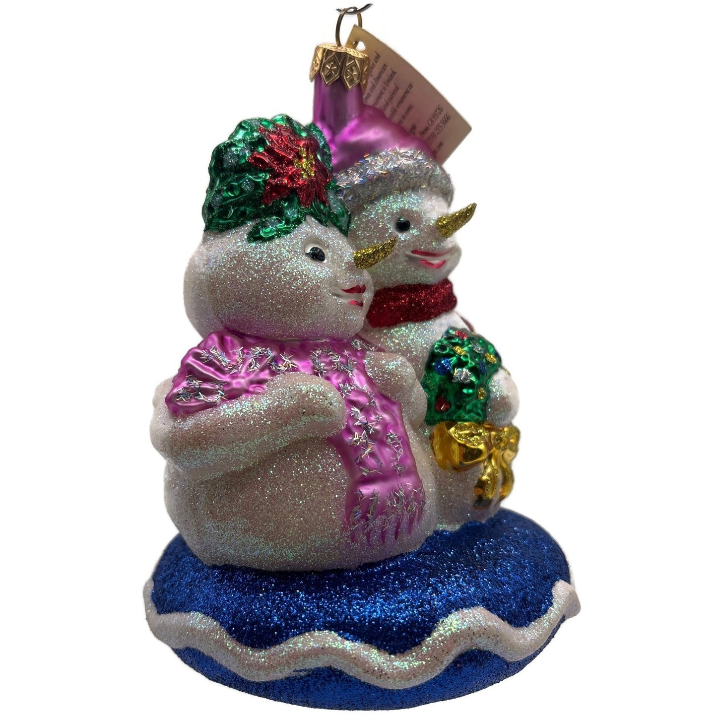 Larry Fraga Glitter Series Snowman Couple Wreath Pink Hat Blue Base Ornament