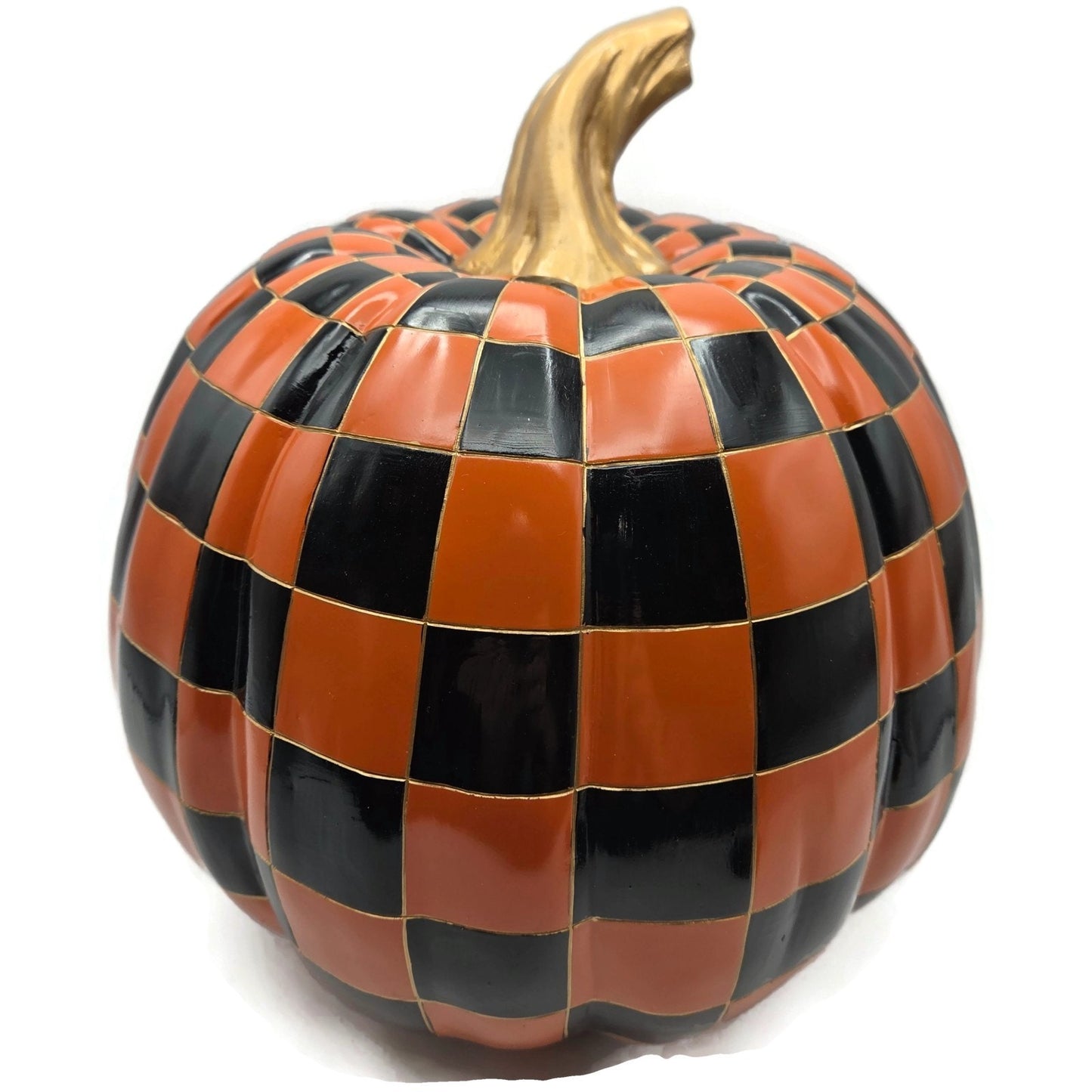 MacKenzie Childs Courtly Check Halloween Pumpkin Large Orange Black w/ Gold Stem