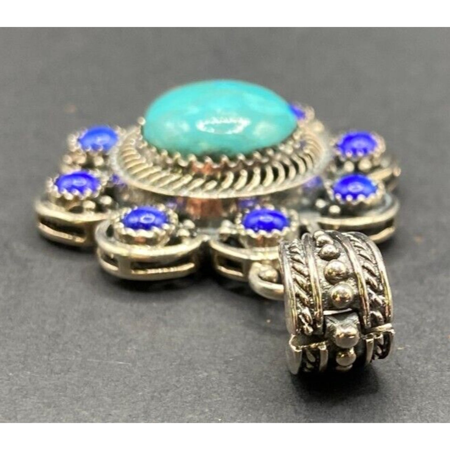Turquoise Lapis Lazuli Pendant Crystal Stone Flower Silver Tone Metal Filigree