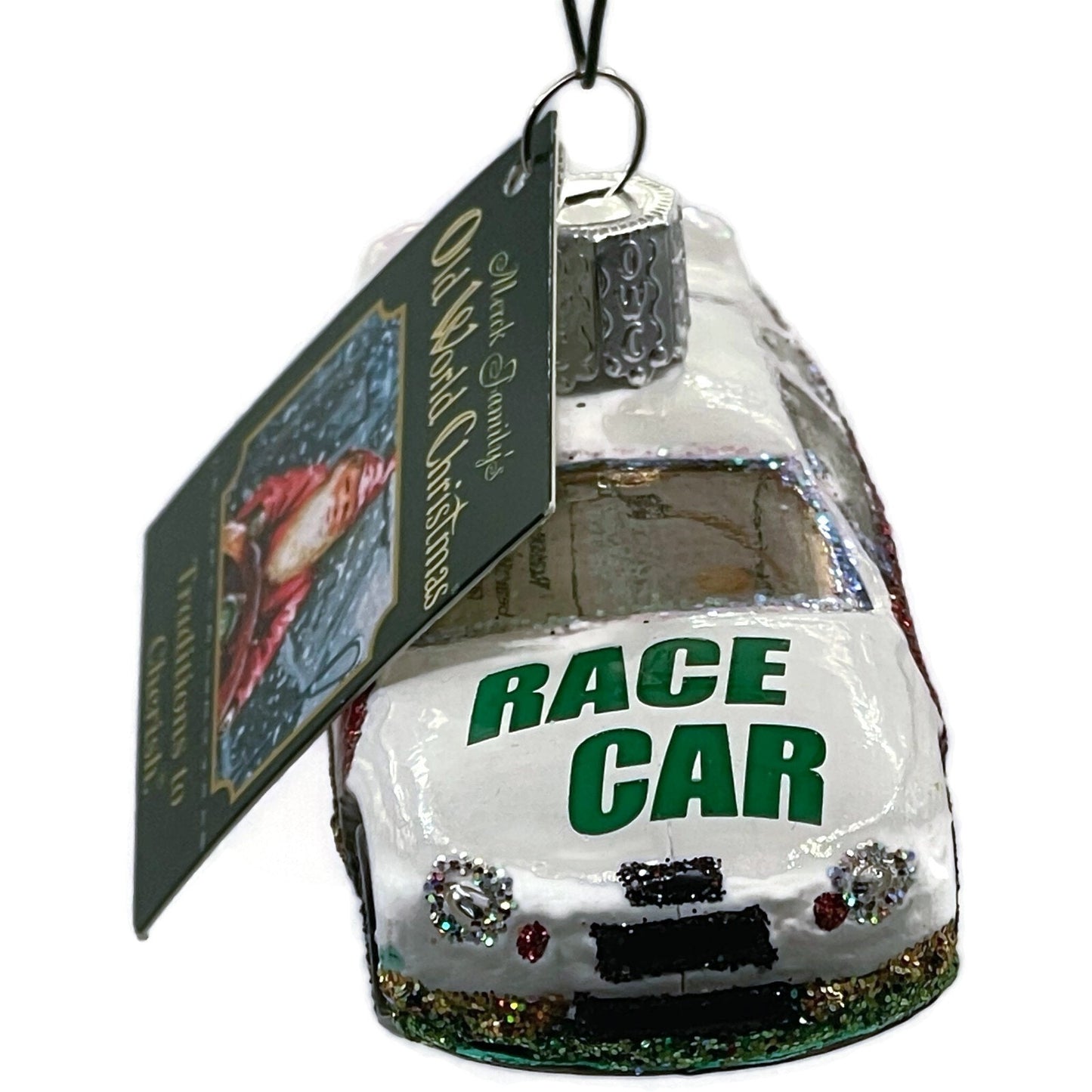 Race Car Ornament Vehicle White Red Glittered OWC Old World Christmas Decoration