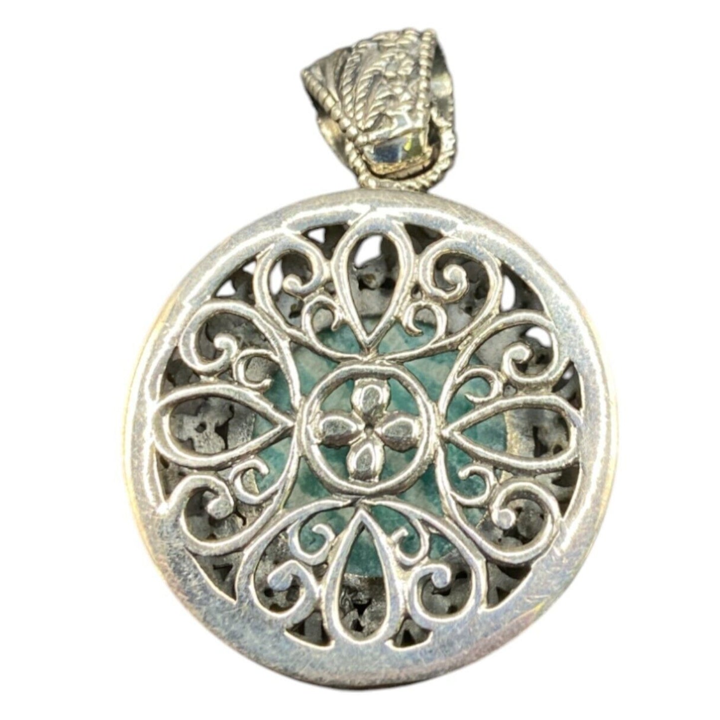 Amazonite Crystal Stone Pendant Round Cabochon Shaped Silver Tone Metal Filigree