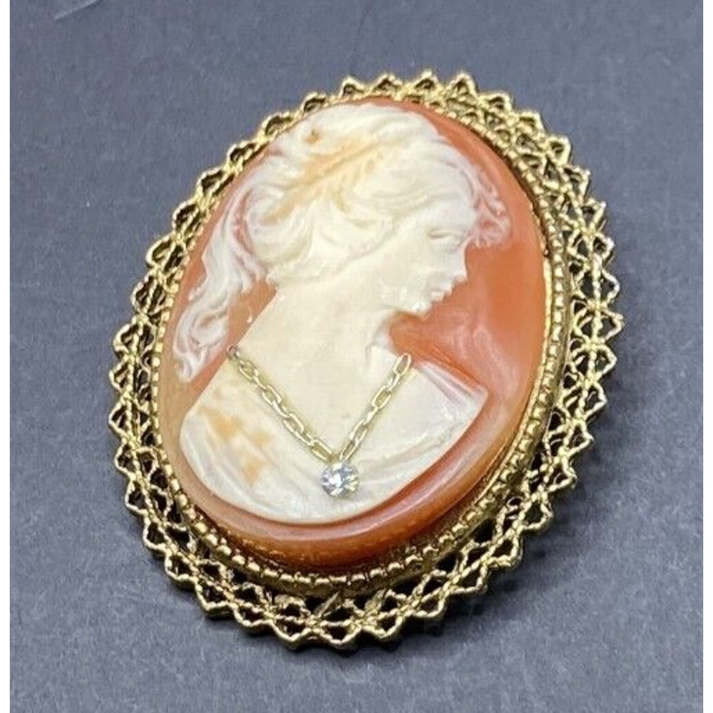 Vintage Cameo Brooch Lady Necklace Mid Century Oval Gold Tone Metal Filigree