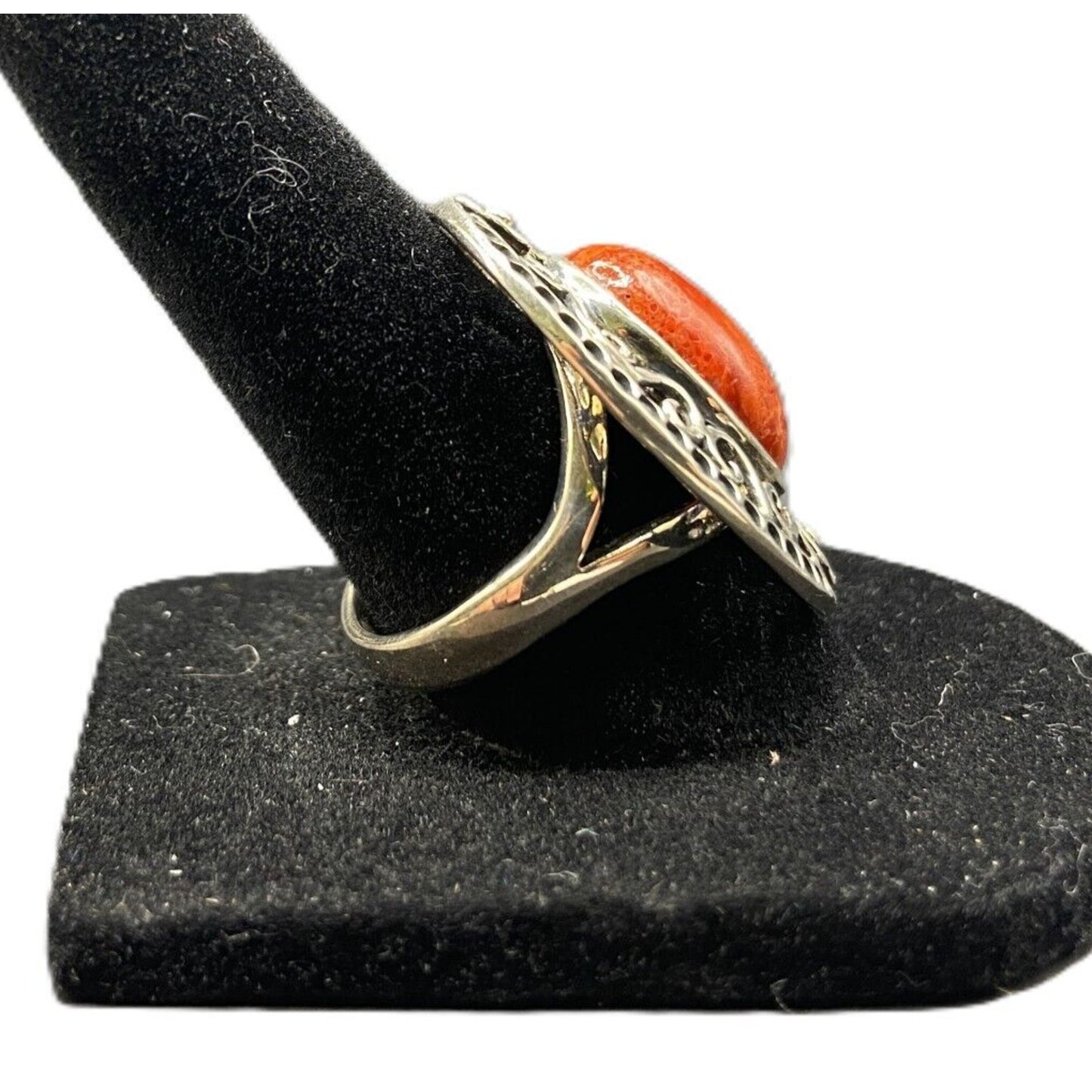 925 Sterling Silver Ring Sponge Coral Filigree Orange Oval Gemstone Size 7