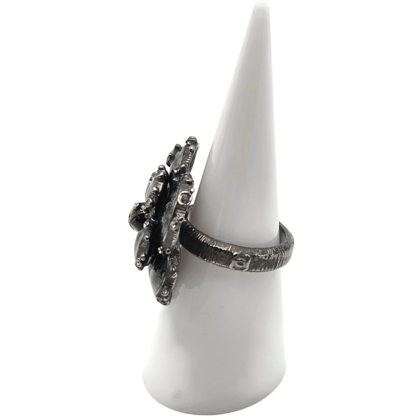 Chanel Camellia CC Ring Ruthenium Black Enamel Crystal EU 54 US 7 w/ Box 13P