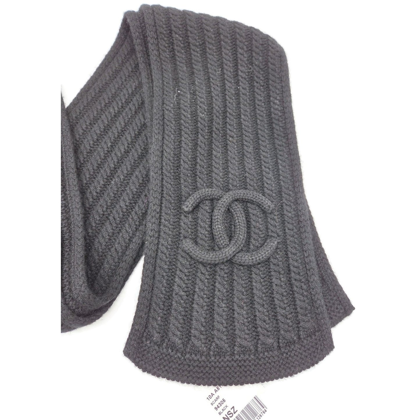 Chanel 10A Black Cashmere Ribbed Scarf with Large Signature CC Logo 120"X6" NWT