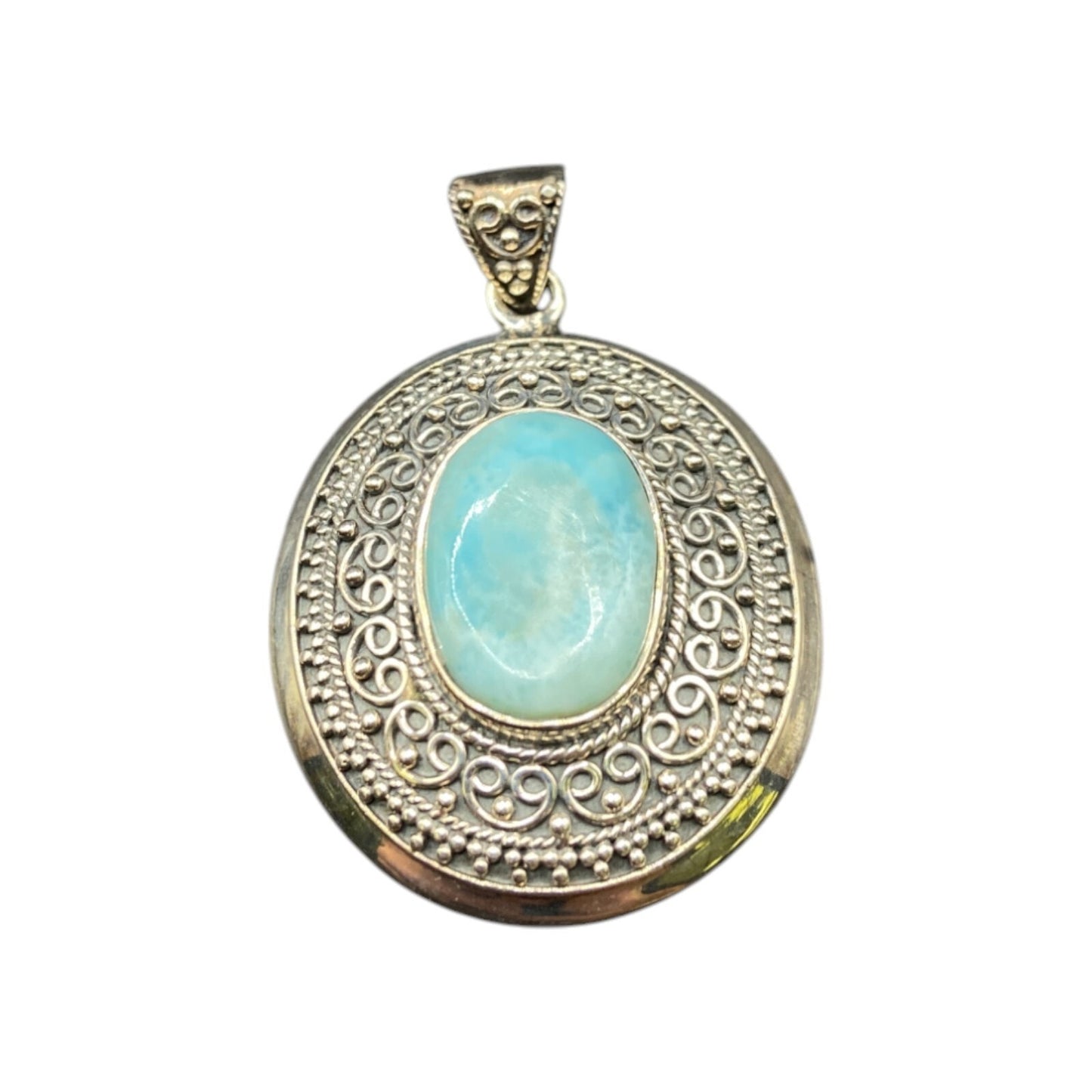 Blue Quartz Gemstone Pendant Oval Cabochon 925 Sterling Silver Filigree BJC