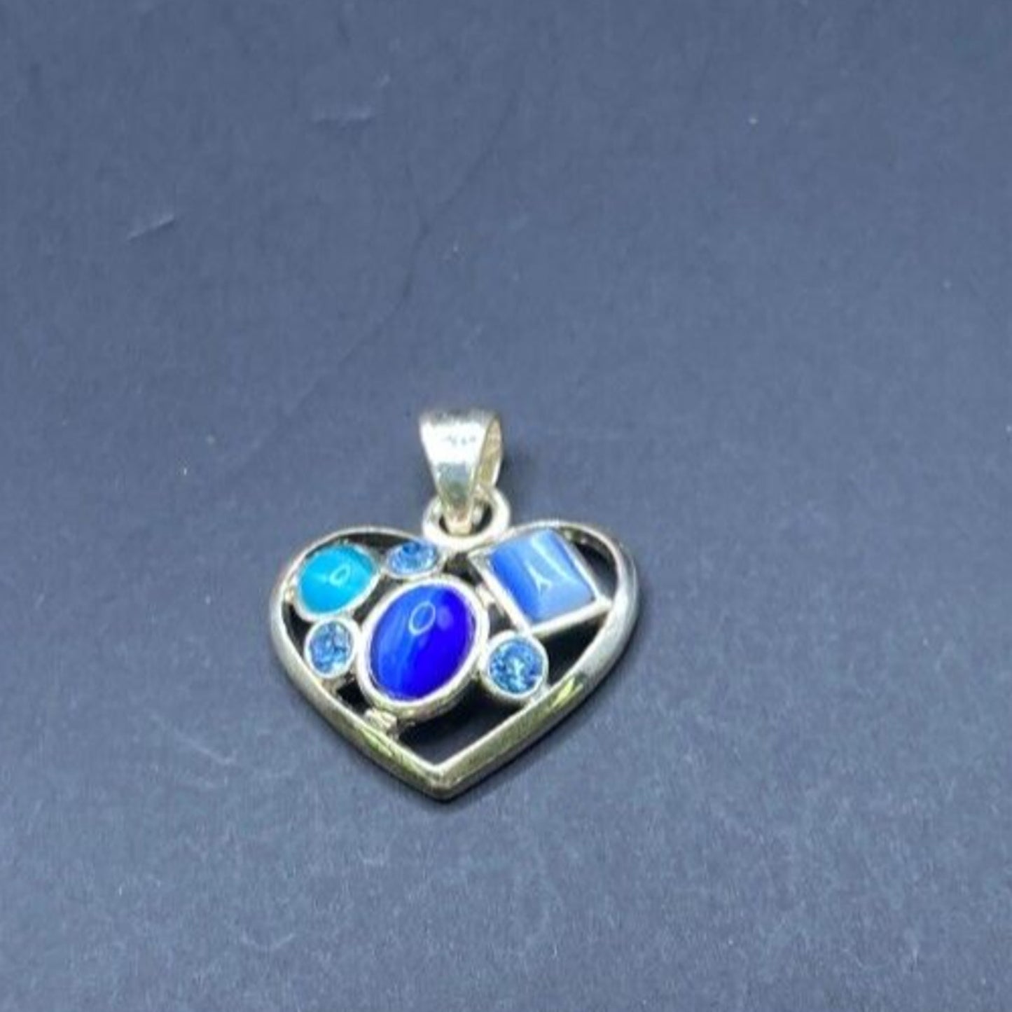 Heart Shaped Pendant Lapis Lazuli Blue Mixed Gemstones Silver Tone Metal