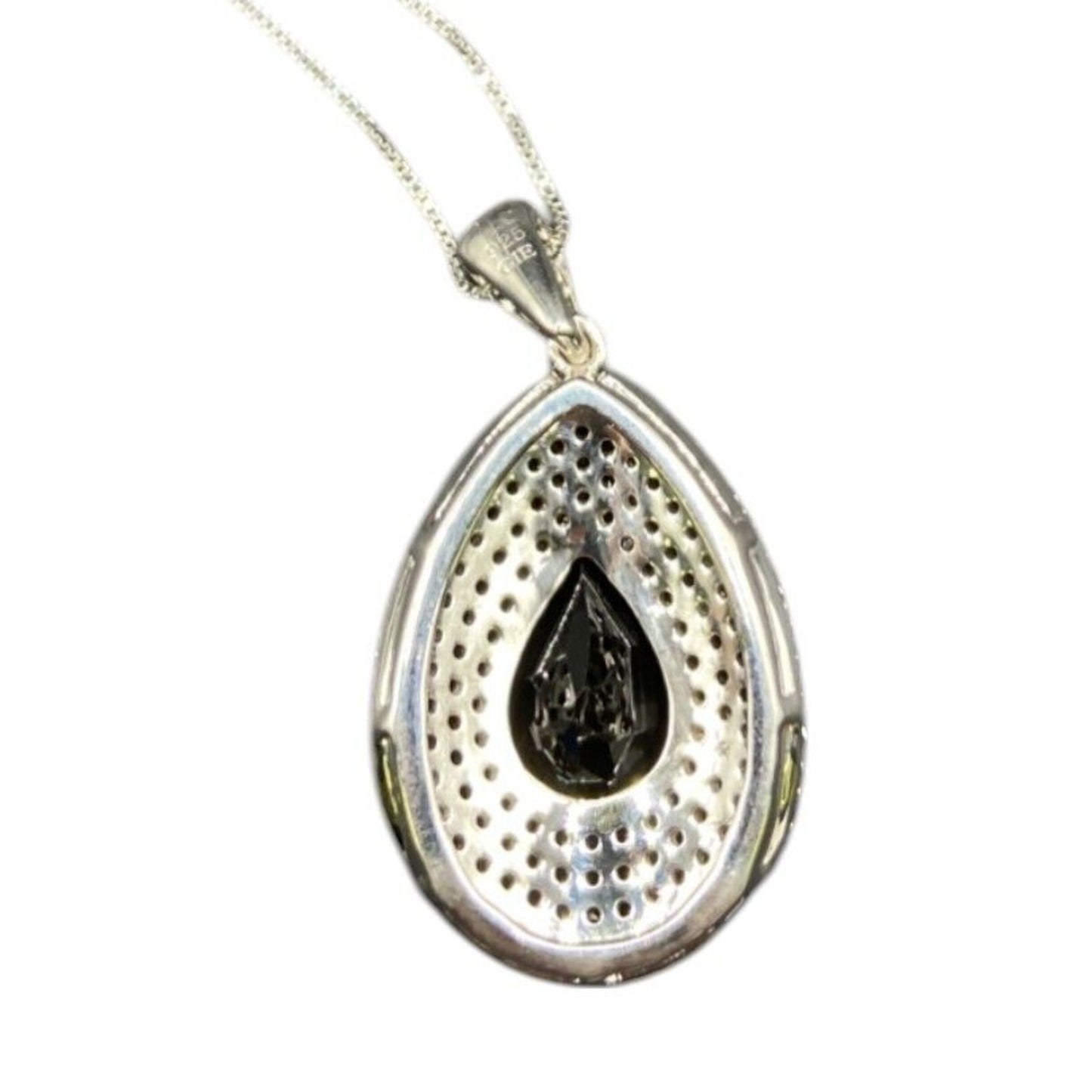 Black Onyx Teadrop Pendant Marcasite 925 Sterling Silver Box Chain Necklace GIE