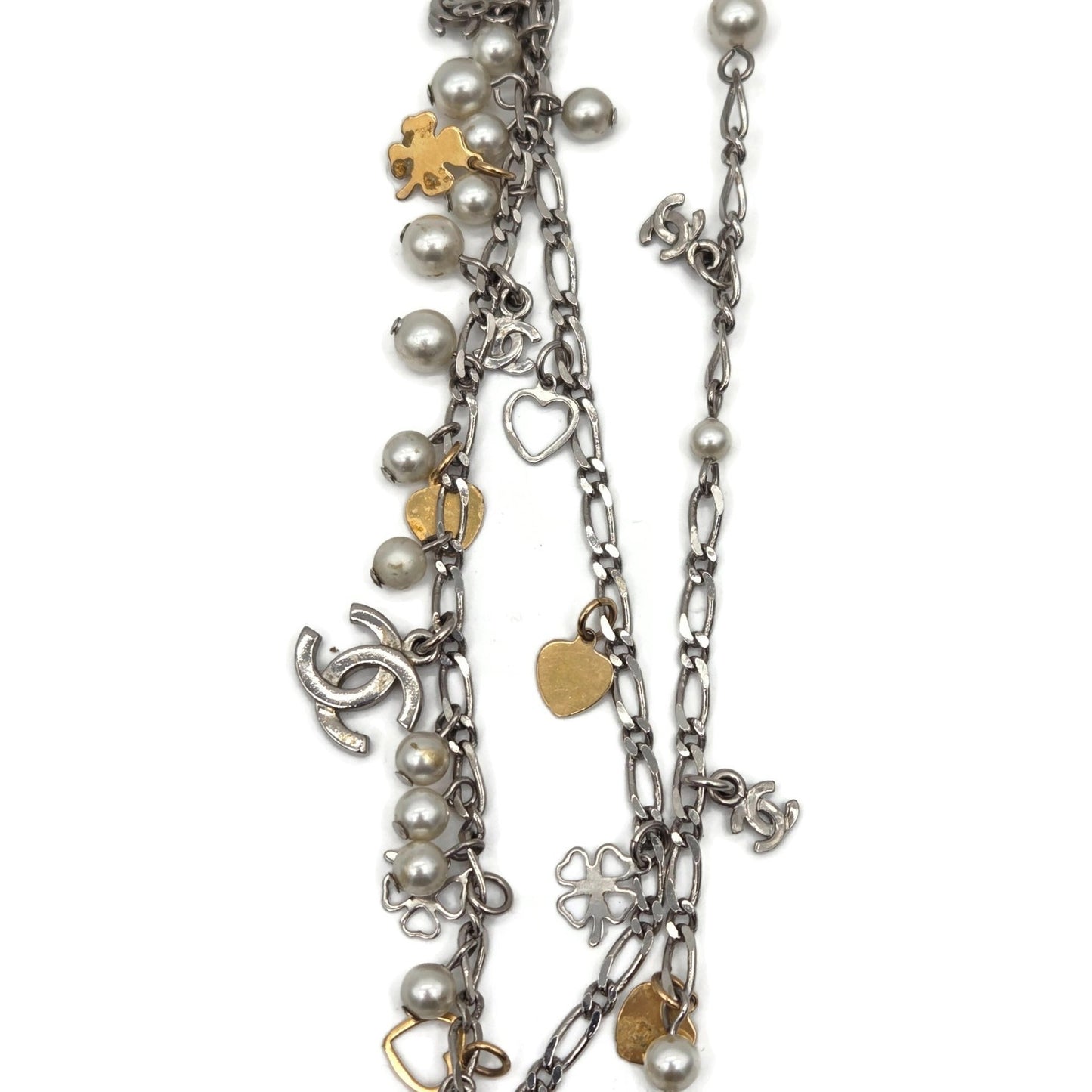 CoCo Chanel Three Strand Chain Hearts Clover Faux Pearl CC Logo Charm Necklace