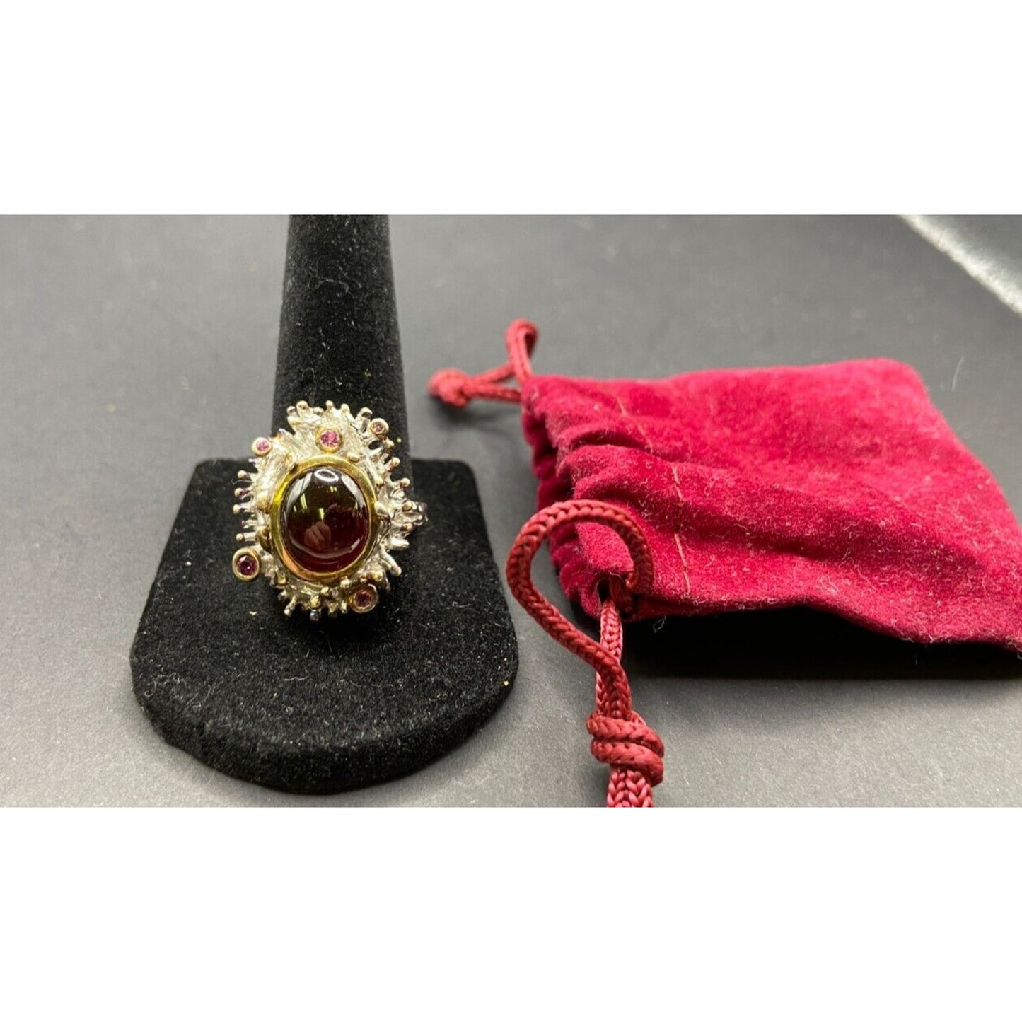 Red Ruby Stone Cocktail Ring Gold Layered 925 Sterling Silver With Pouch Sz 7.5