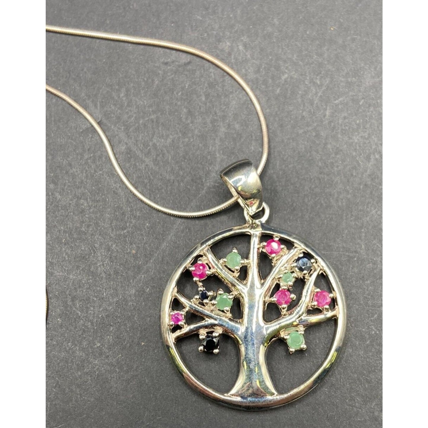 Tree Of Life Pendant Multicolor Stones Snake Chain Necklace 925 Sterling Silver