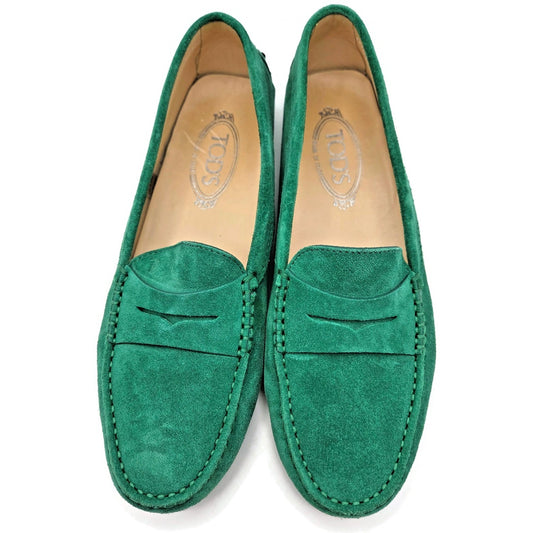 Tod’s Green Suede Leather Rubber Sole Moccasin Driving Loafers Womens 39.5 w Box