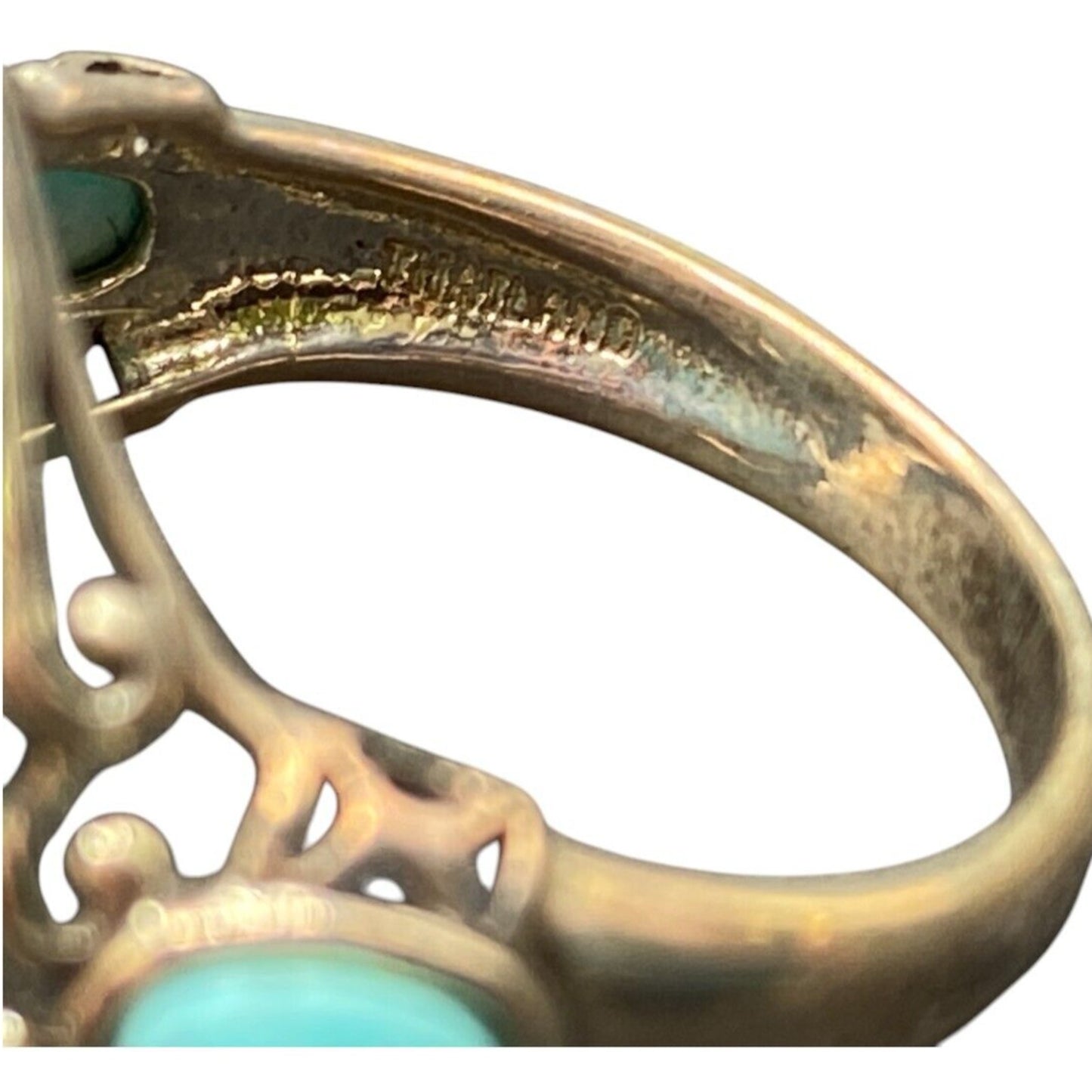 Turquoise Ring Sterling Silver NK Oval Ornate Semi Precious Stone Blue 7.75