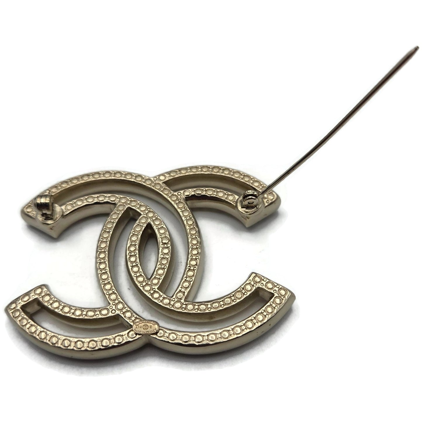 Chanel CC Logo Shaped Brooch Pin Rhinstone Crystal Details Jewelry Silver Tone