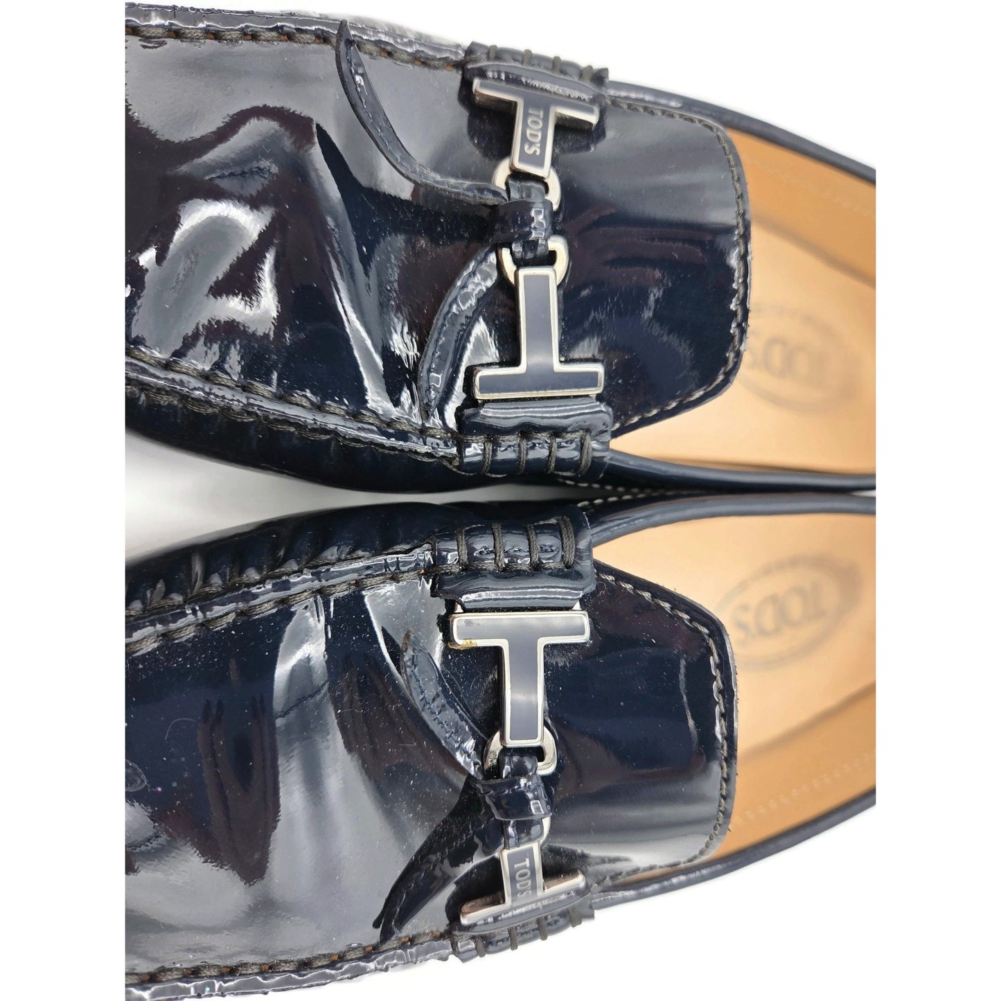 Tod’s Heaven Double T-Bit Loafers Navy Patent Leather Driving Shoes Rare 39.5