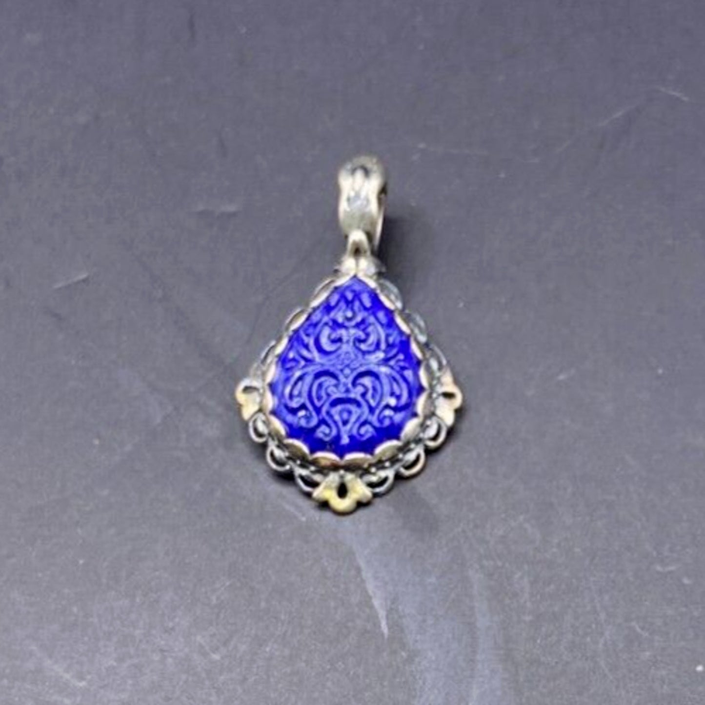 Carolyn Pollack Carved Lapis Lazuli Pear Shaped Pendant 925 Sterling Silver