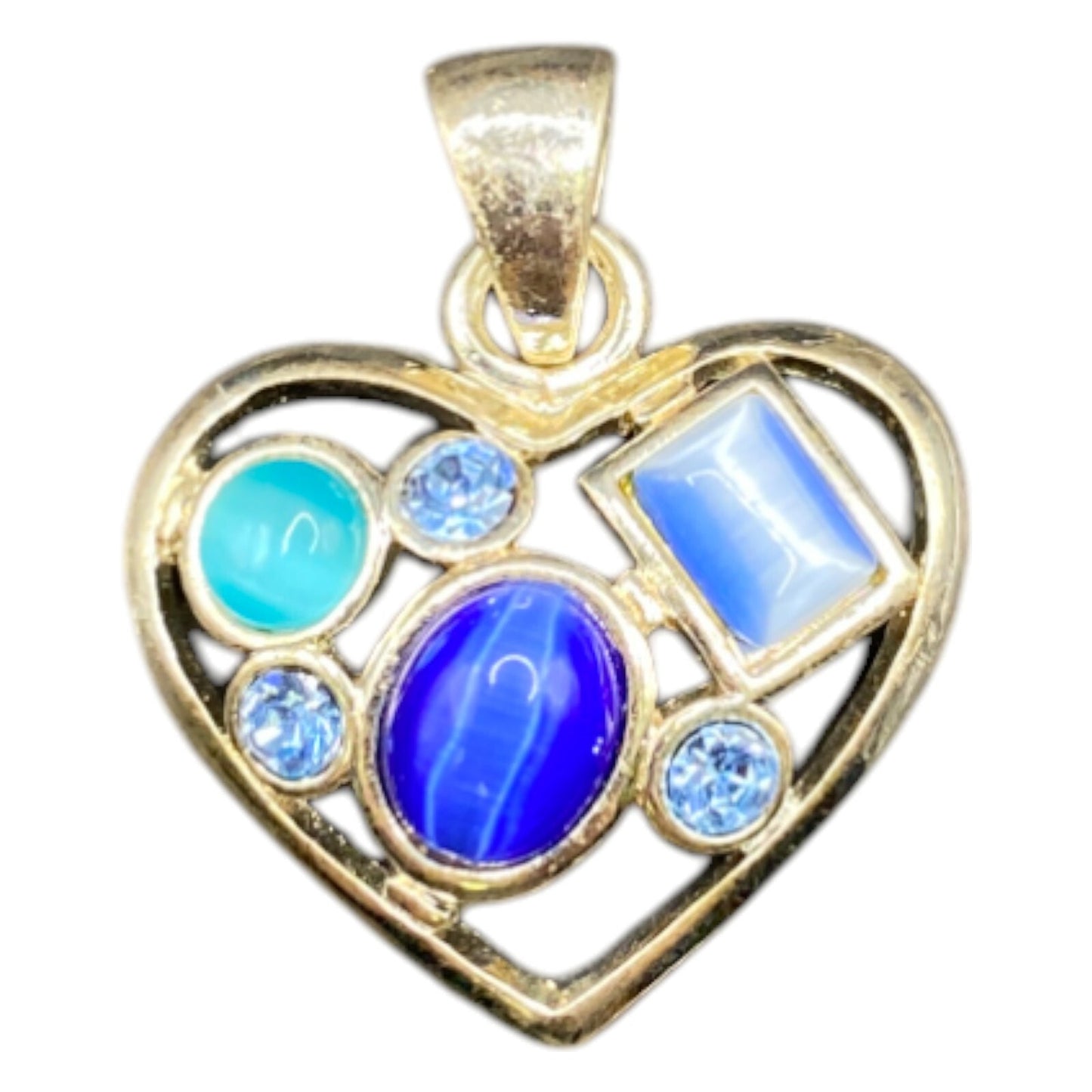 Heart Shaped Pendant Lapis Lazuli Blue Mixed Gemstones Silver Tone Metal