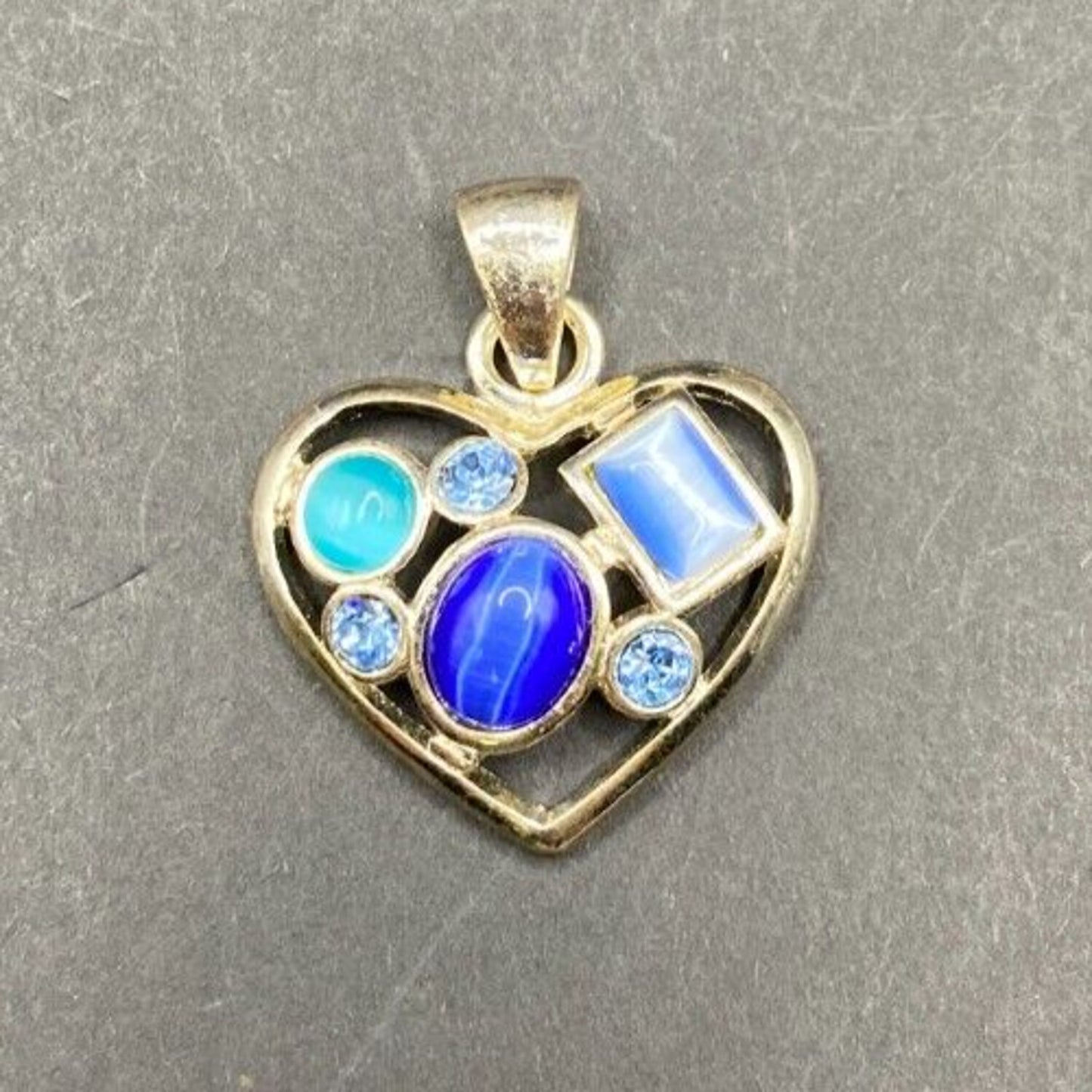 Heart Shaped Pendant Lapis Lazuli Blue Mixed Gemstones Silver Tone Metal