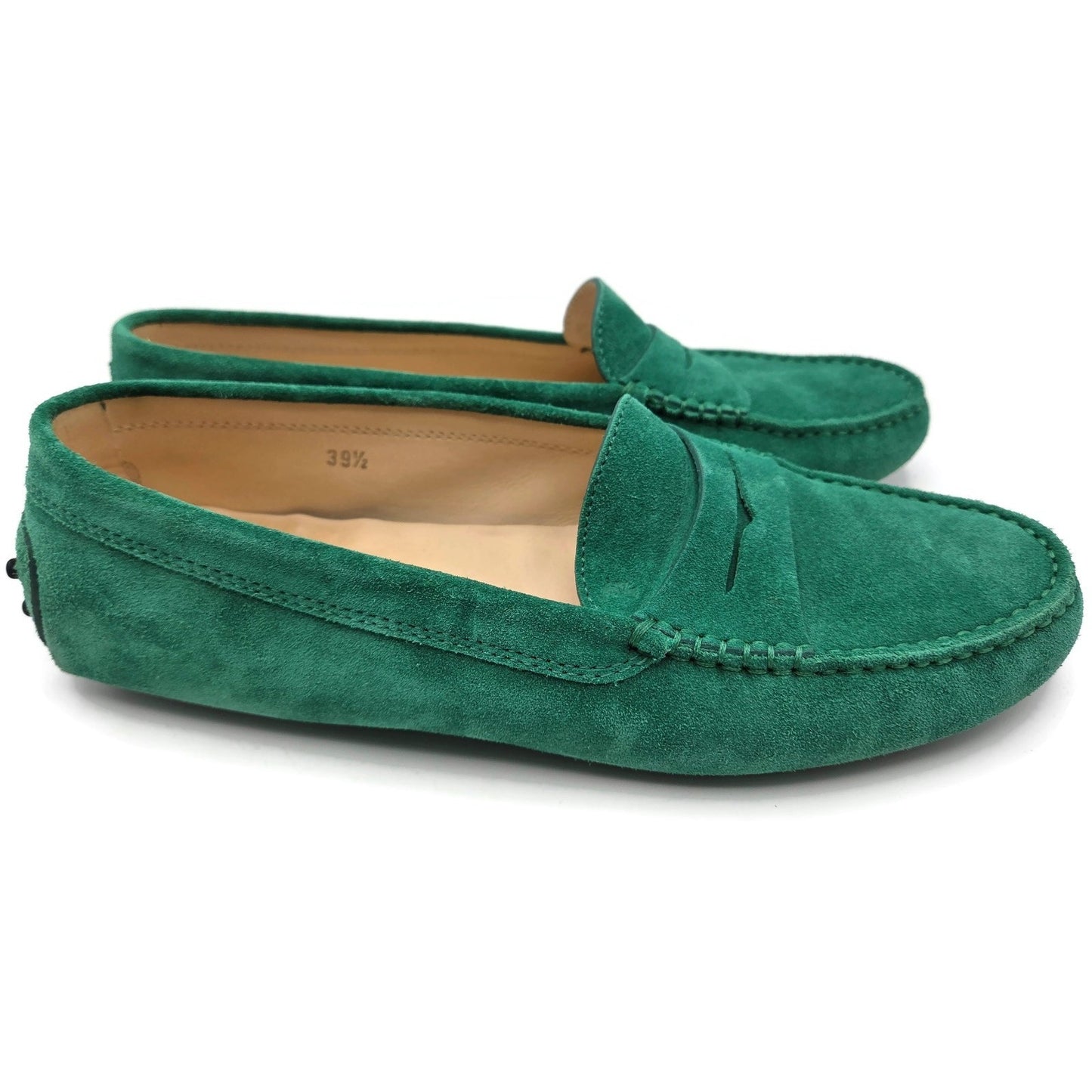 Tod’s Green Suede Leather Rubber Sole Moccasin Driving Loafers Womens 39.5 w Box