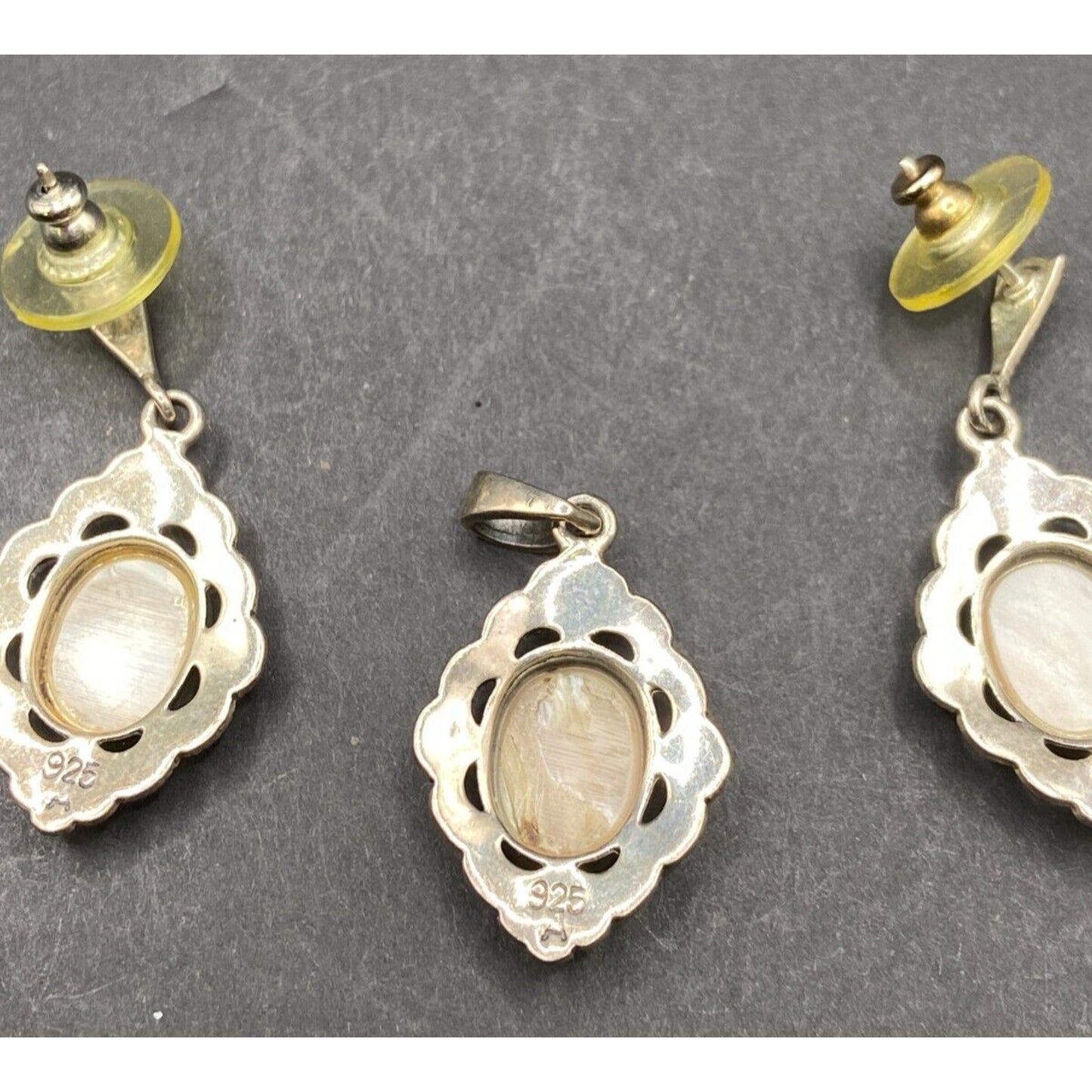 Mother Of Pearl Oval Pendant Earrings Set Marcasite Crystal 925 Sterling Silver