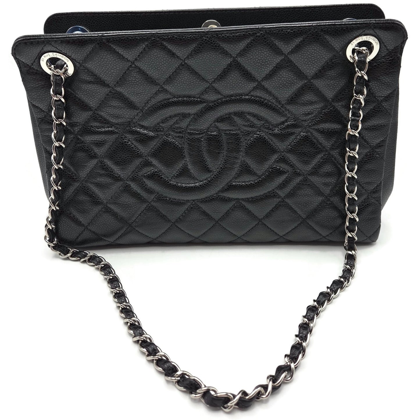 Chanel Grand Shopping Tote Handbag Black Caviar Leather Silver Hardware 13C GST