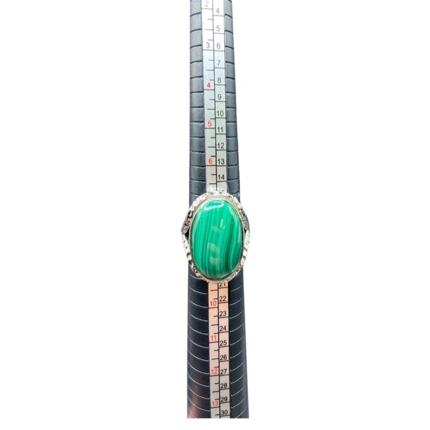 Malachite Ring Green Gemstone Oval Cabochon Hammered Stainless Steel GSJ Size 8