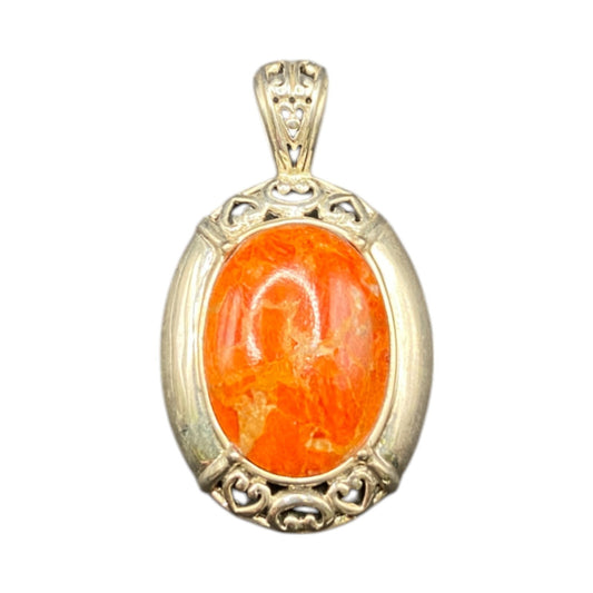 Orange Spiny Oyster Shell Oval Shaped Pendant 925 Sterling Silver NK Thailand