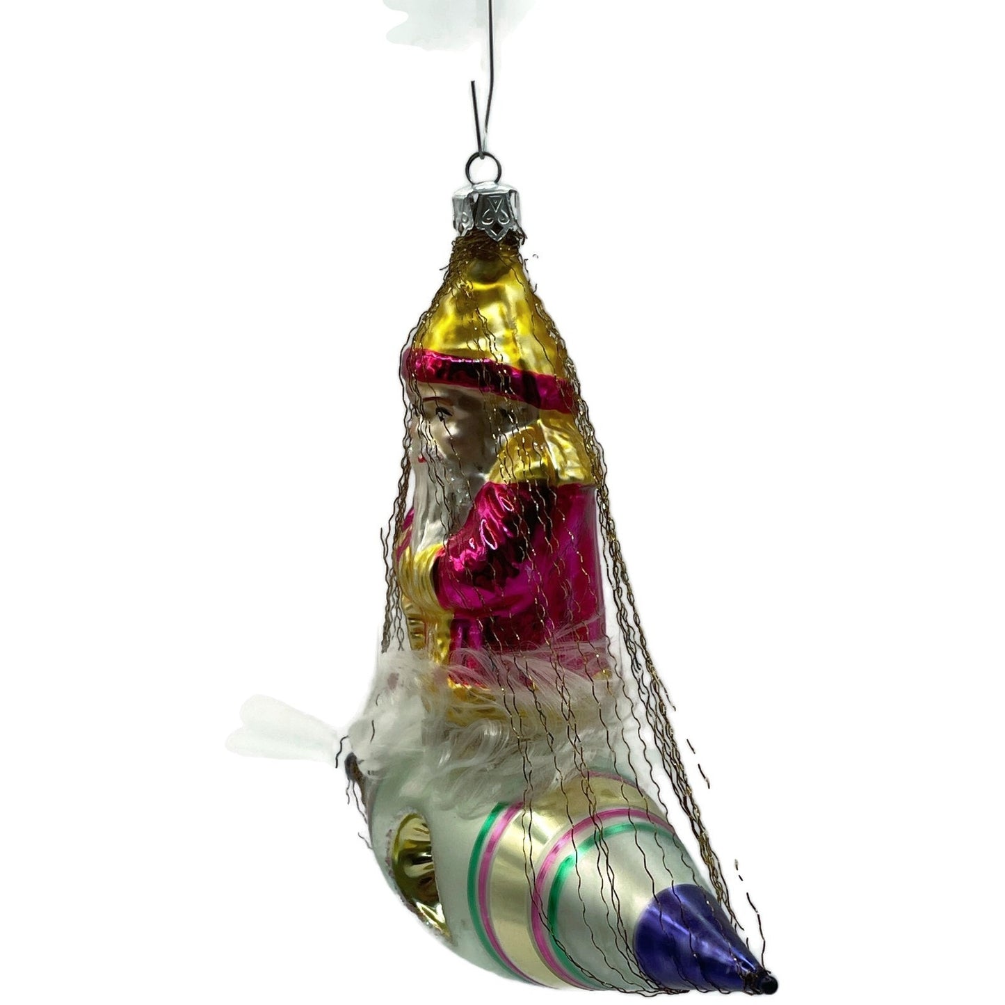 Christopher Radko Pink Santa In Space Blue Silver Rocket Christmas Tree Ornament