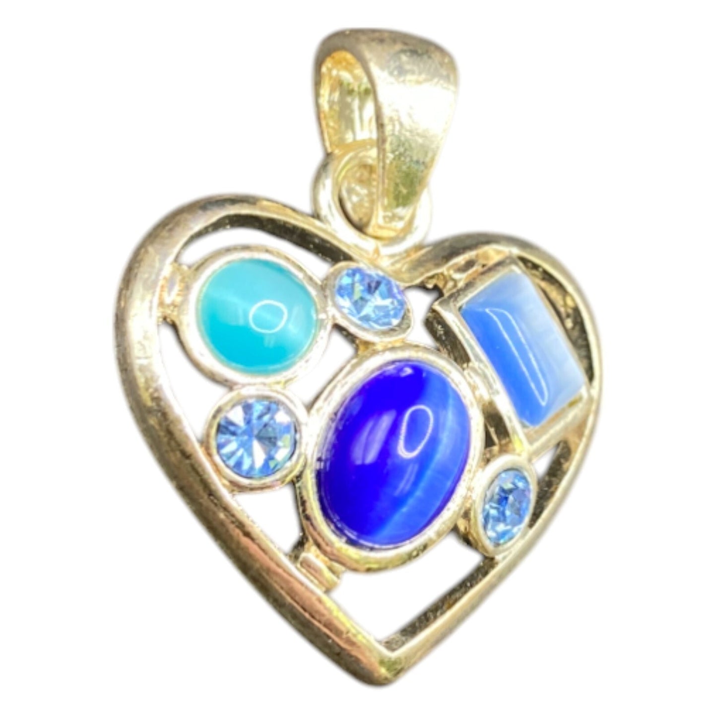 Heart Shaped Pendant Lapis Lazuli Blue Mixed Gemstones Silver Tone Metal