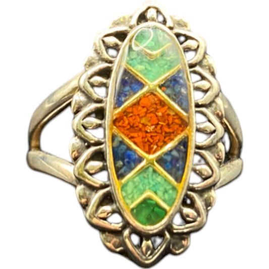 Carolyn Pollack 925 Sterling Silver Ring Oval Mosaic Multistone Chips Size 8