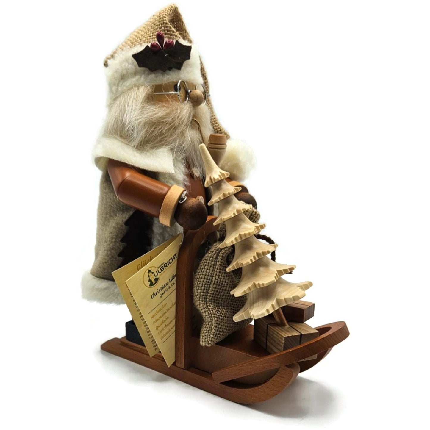 Christian Ulbricht Natural Santa on Sled Smoker Handcrafted Germany Wooden Figur