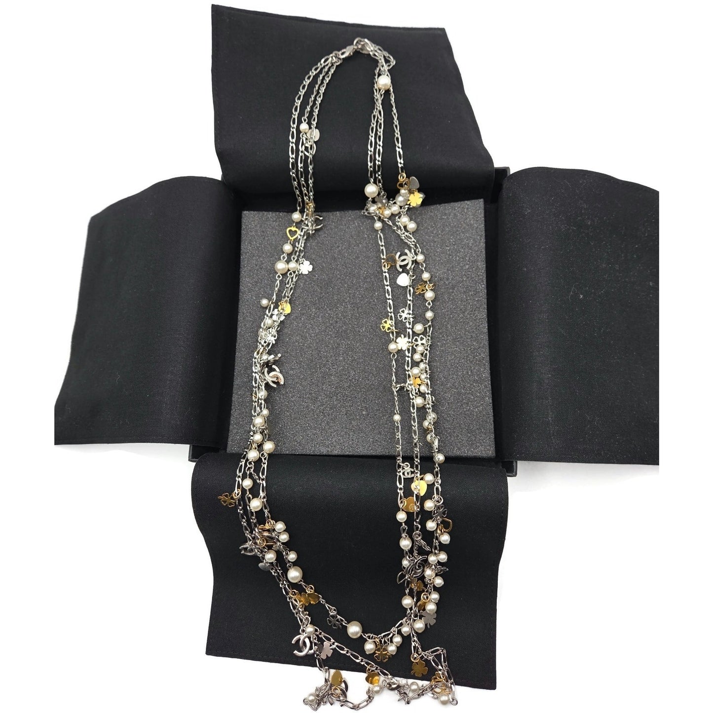 CoCo Chanel Three Strand Chain Hearts Clover Faux Pearl CC Logo Charm Necklace